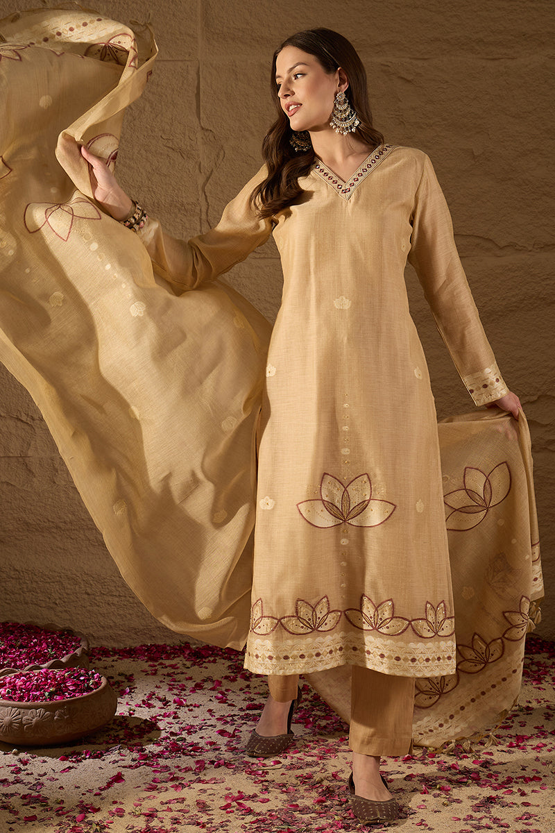 Beige Chanderi Solid Woven Design Straight Kurta Trousers With Dupatta SKSKD3046