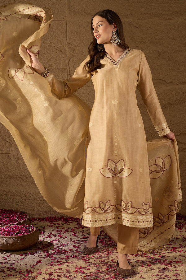 Beige Chanderi Solid Woven Design Straight Kurta Trousers With Dupatta SKSKD3046