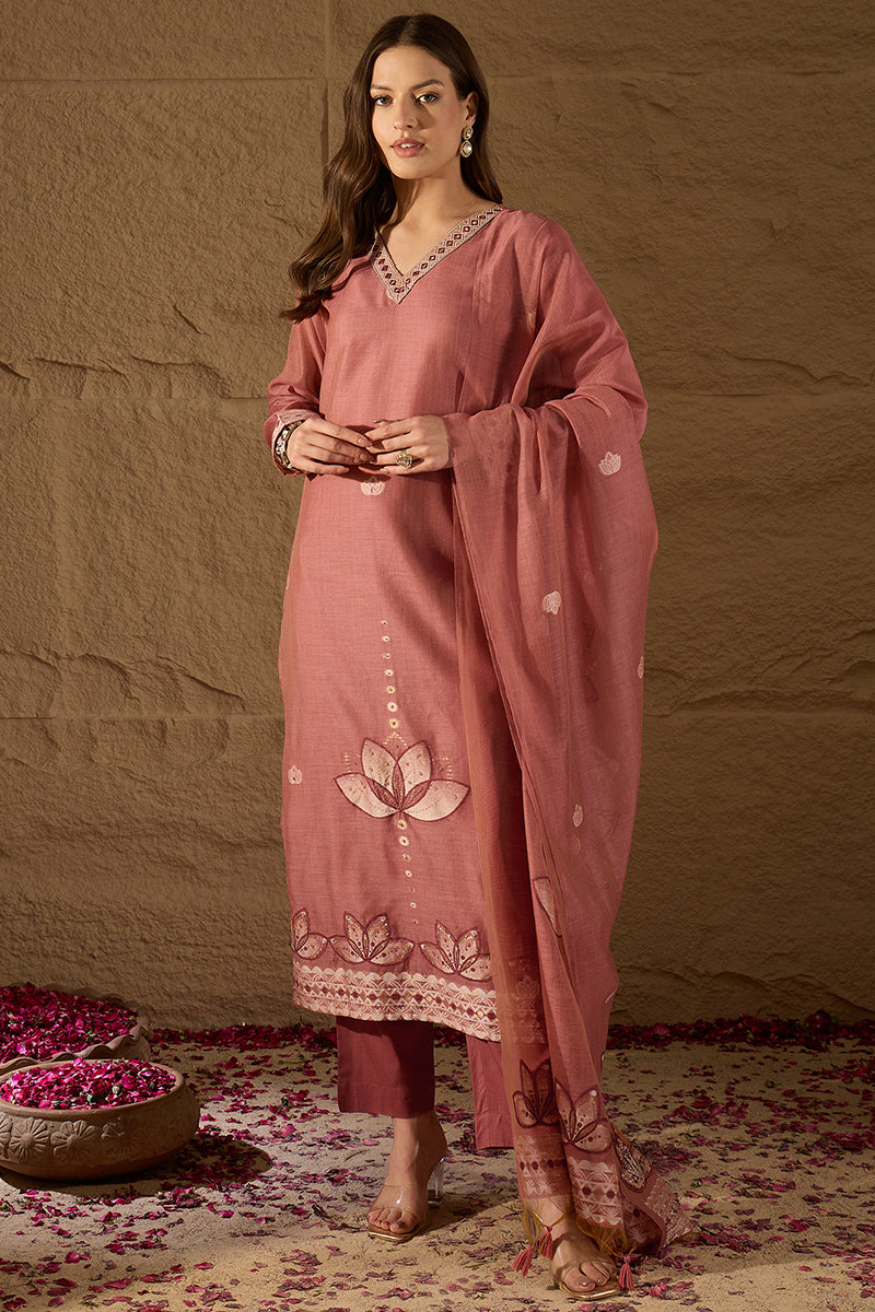 Mauve Chanderi Solid Woven Design Straight Kurta Trousers With Dupatta SKSKD3047