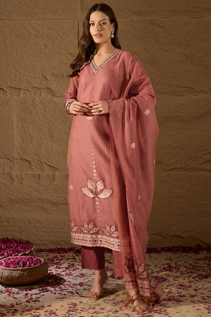 Mauve Chanderi Solid Woven Design Straight Kurta Trousers With Dupatta SKSKD3047
