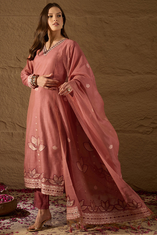 Mauve Chanderi Solid Woven Design Straight Kurta Trousers With Dupatta SKSKD3047