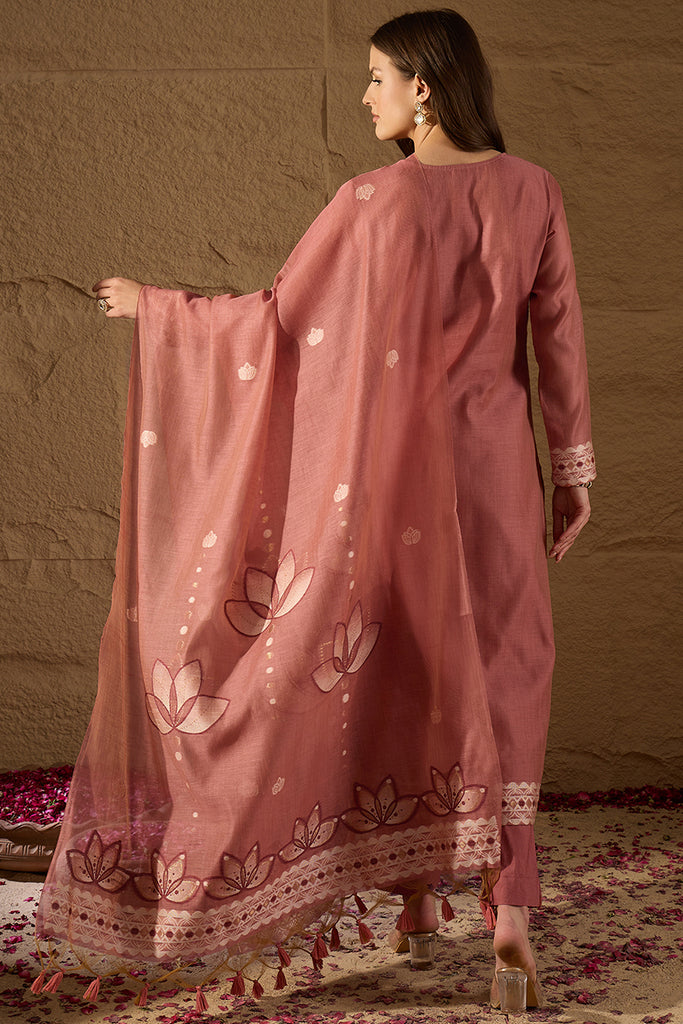 Mauve Chanderi Solid Woven Design Straight Kurta Trousers With Dupatta SKSKD3047