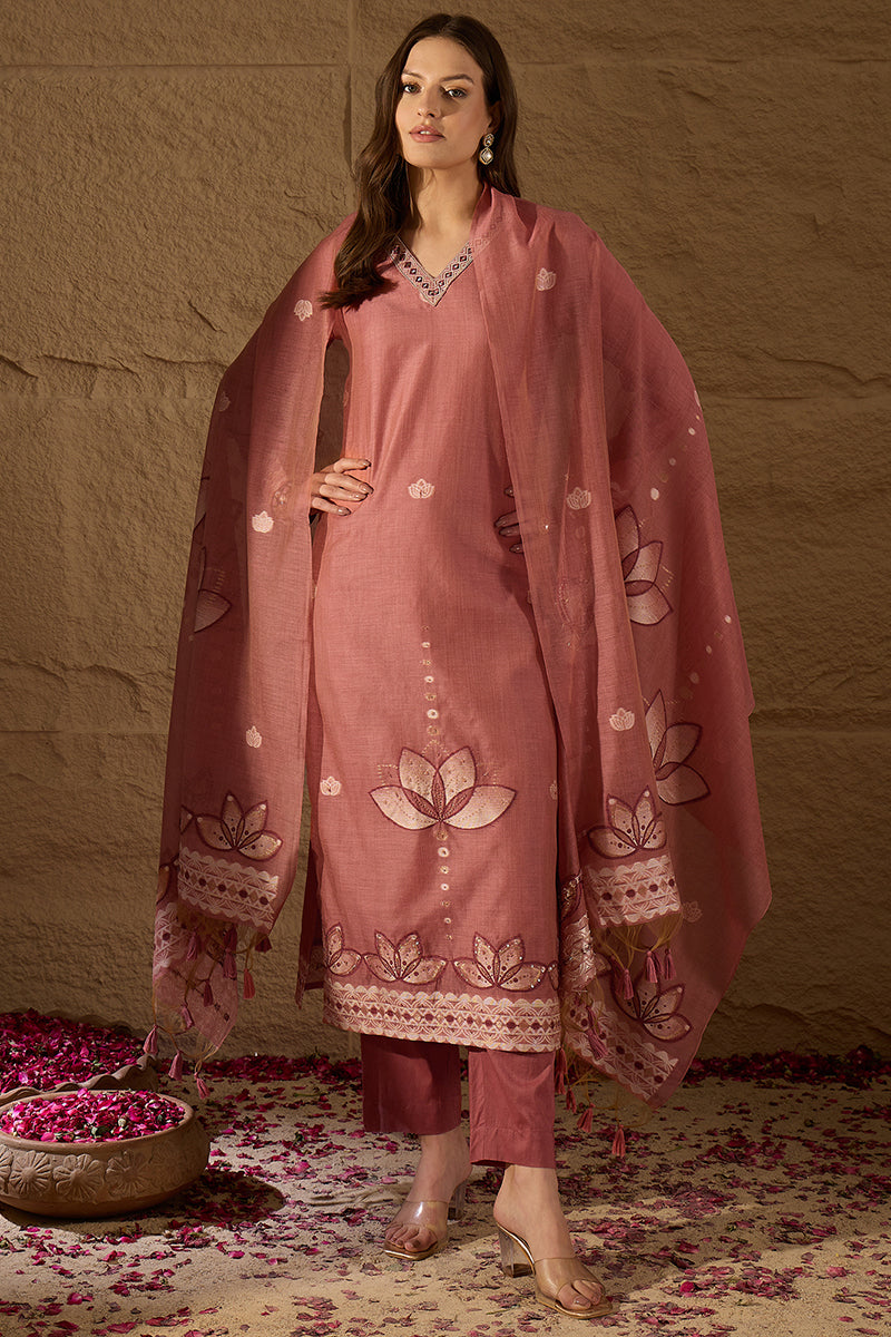 Mauve Chanderi Solid Woven Design Straight Kurta Trousers With Dupatta SKSKD3047