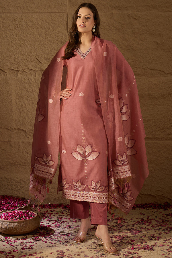 Mauve Chanderi Solid Woven Design Straight Kurta Trousers With Dupatta SKSKD3047