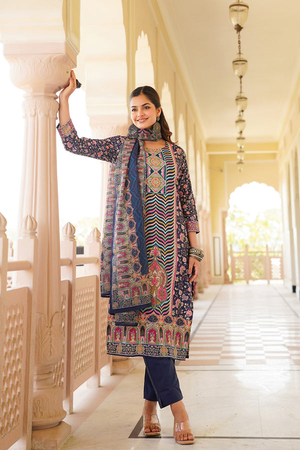 Blue Rayon Blend Ethnic Motifs Printed Straight Kurta Trouser With Dupatta SKSKD3049