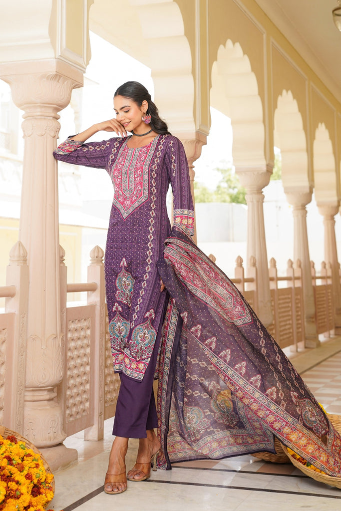Purple Rayon Blend Ethnic Motifs Printed Straight Kurta Trouser With Dupatta SKSKD3051