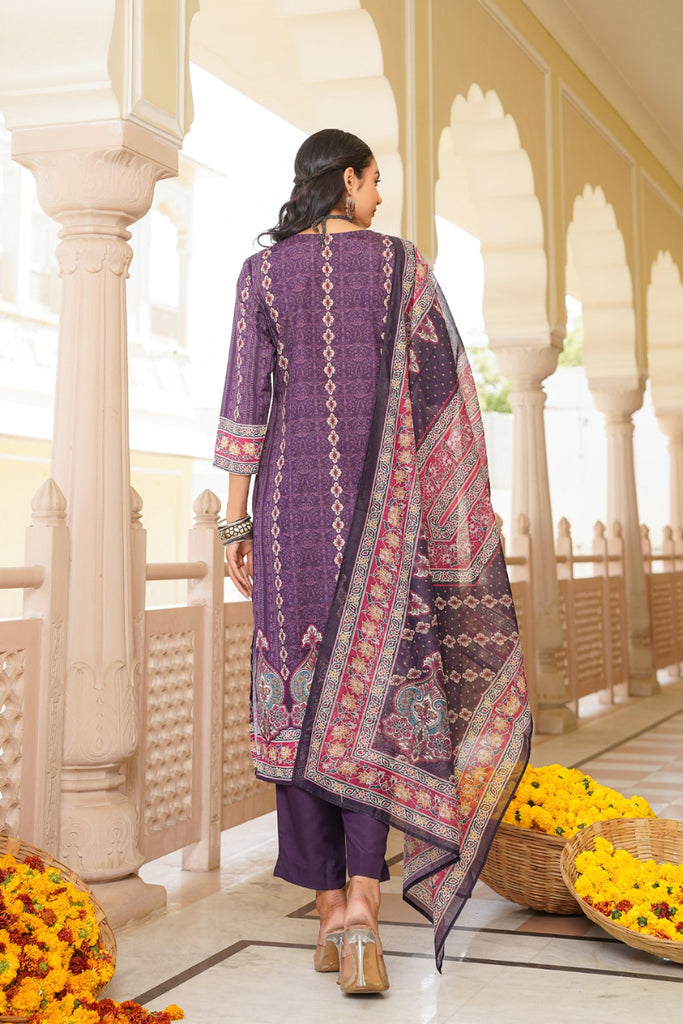 Purple Rayon Blend Ethnic Motifs Printed Straight Kurta Trouser With Dupatta SKSKD3051