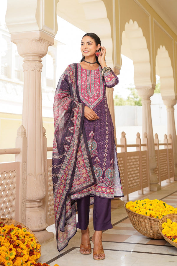 Purple Rayon Blend Ethnic Motifs Printed Straight Kurta Trouser With Dupatta SKSKD3051