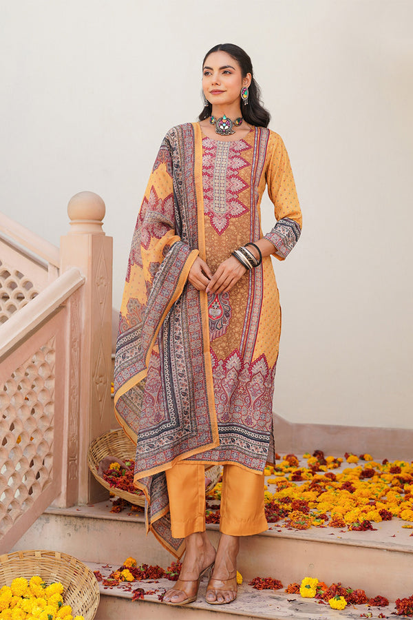 Yellow Rayon Blend Ethnic Motifs Printed Straight Kurta Trouser With Dupatta SKSKD3052