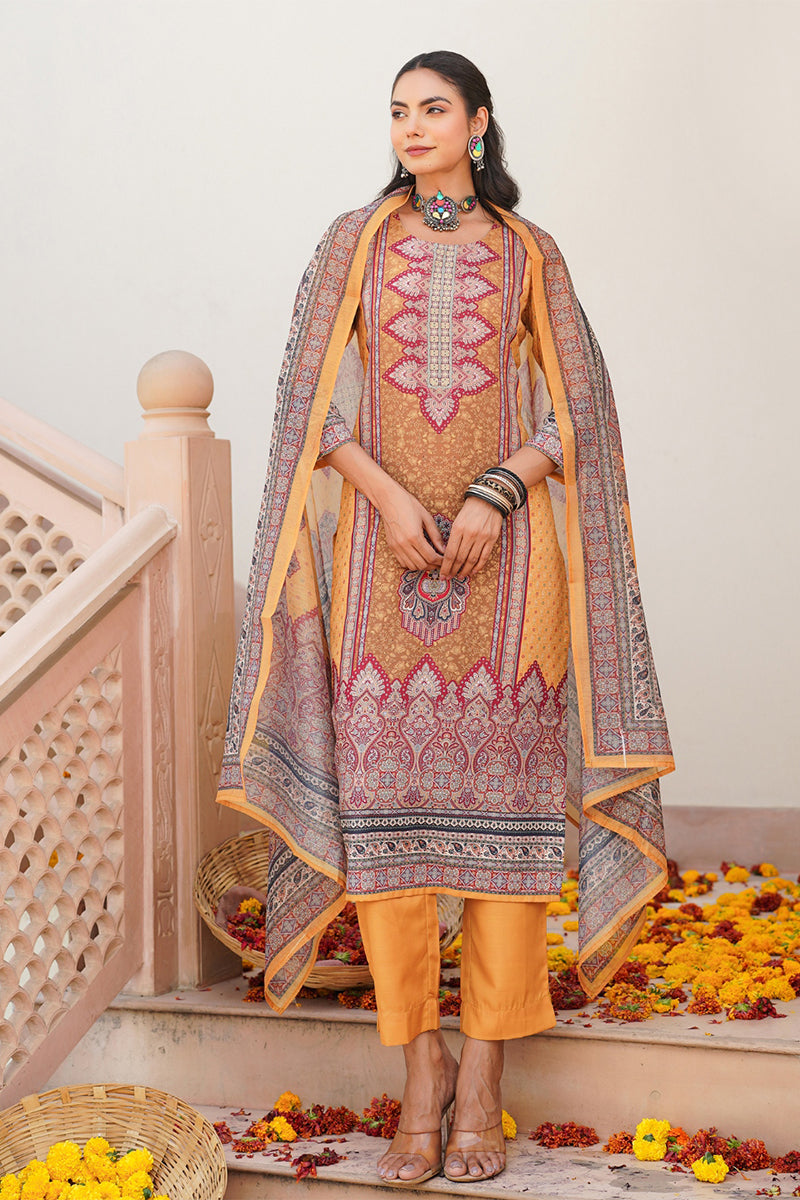 Yellow Rayon Blend Ethnic Motifs Printed Straight Kurta Trouser With Dupatta SKSKD3052