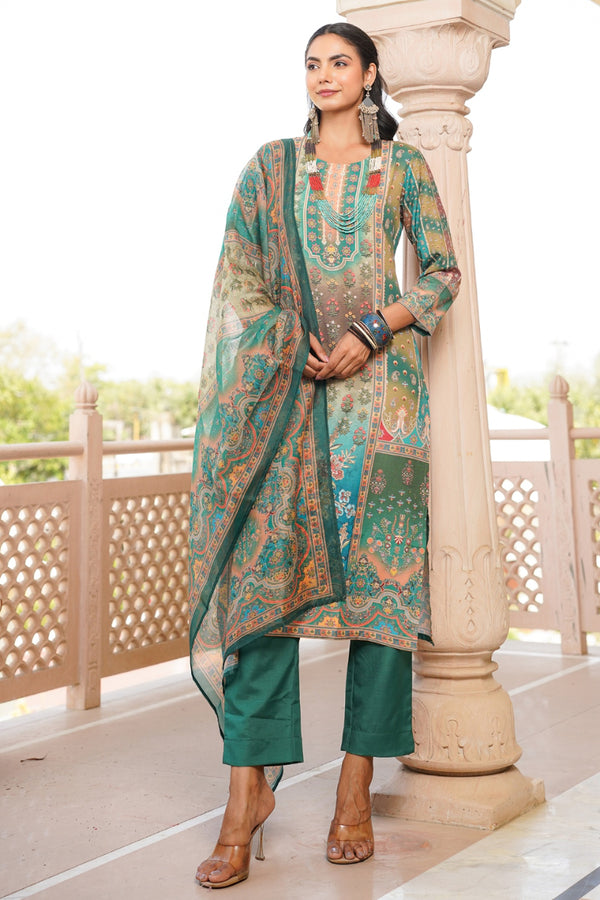 Green Rayon Blend Ethnic Motifs Printed Straight Kurta Trouser With Dupatta SKSKD3055