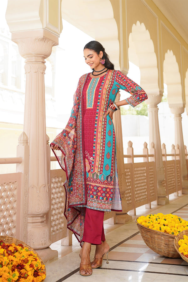 Maroon Rayon Blend Ethnic Motifs Printed Straight Kurta Trouser With Dupatta SKSKD3056
