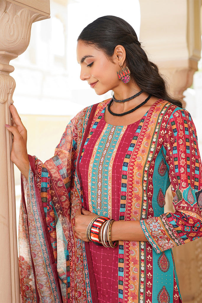 Maroon Rayon Blend Ethnic Motifs Printed Straight Kurta Trouser With Dupatta SKSKD3056