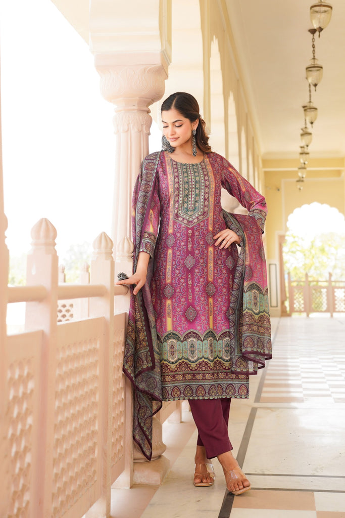 Purple Rayon Blend Ethnic Motifs Printed Straight Kurta Trouser With Dupatta SKSKD3057