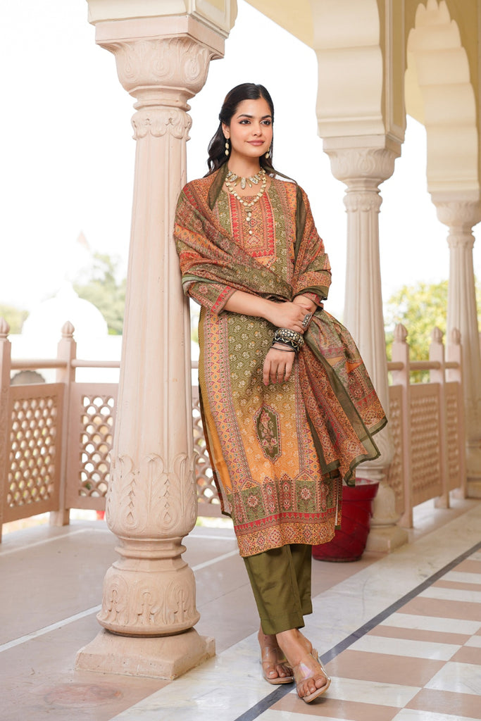 Olive Rayon Blend Ethnic Motifs Printed Straight Kurta Trouser With Dupatta SKSKD3058