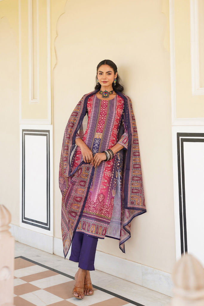 Purple Rayon Blend Ethnic Motifs Printed Straight Kurta Trouser With Dupatta SKSKD3059