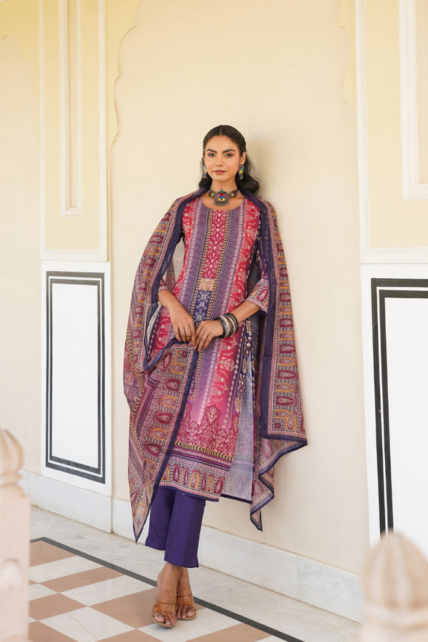 Purple Rayon Blend Ethnic Motifs Printed Straight Kurta Trouser With Dupatta SKSKD3059