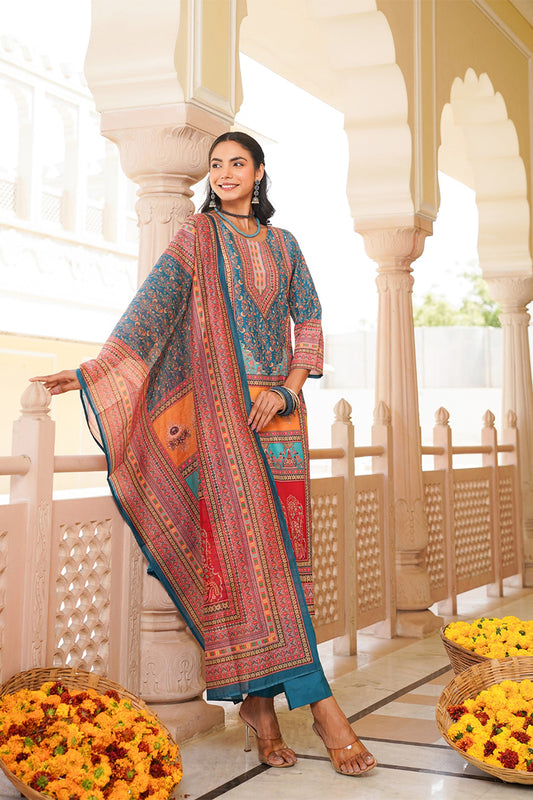 Blue Rayon Blend Ethnic Motifs Printed Straight Kurta Trouser With Dupatta SKSKD3060