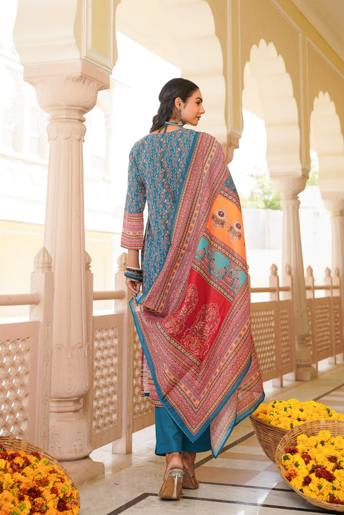 Blue Rayon Blend Ethnic Motifs Printed Straight Kurta Trouser With Dupatta SKSKD3060