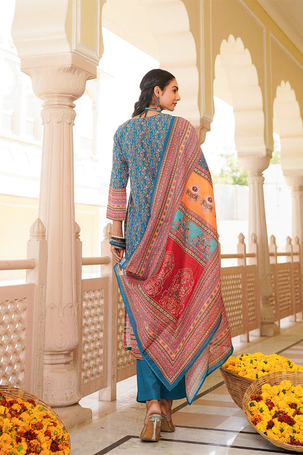 Blue Rayon Blend Ethnic Motifs Printed Straight Kurta Trouser With Dupatta SKSKD3060