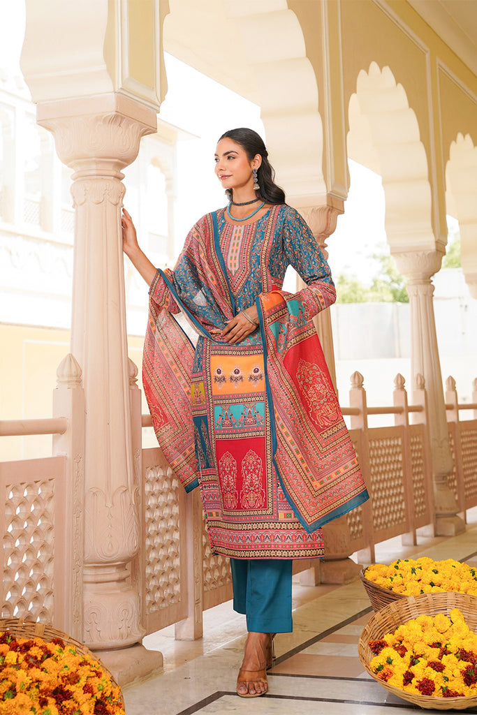 Blue Rayon Blend Ethnic Motifs Printed Straight Kurta Trouser With Dupatta SKSKD3060