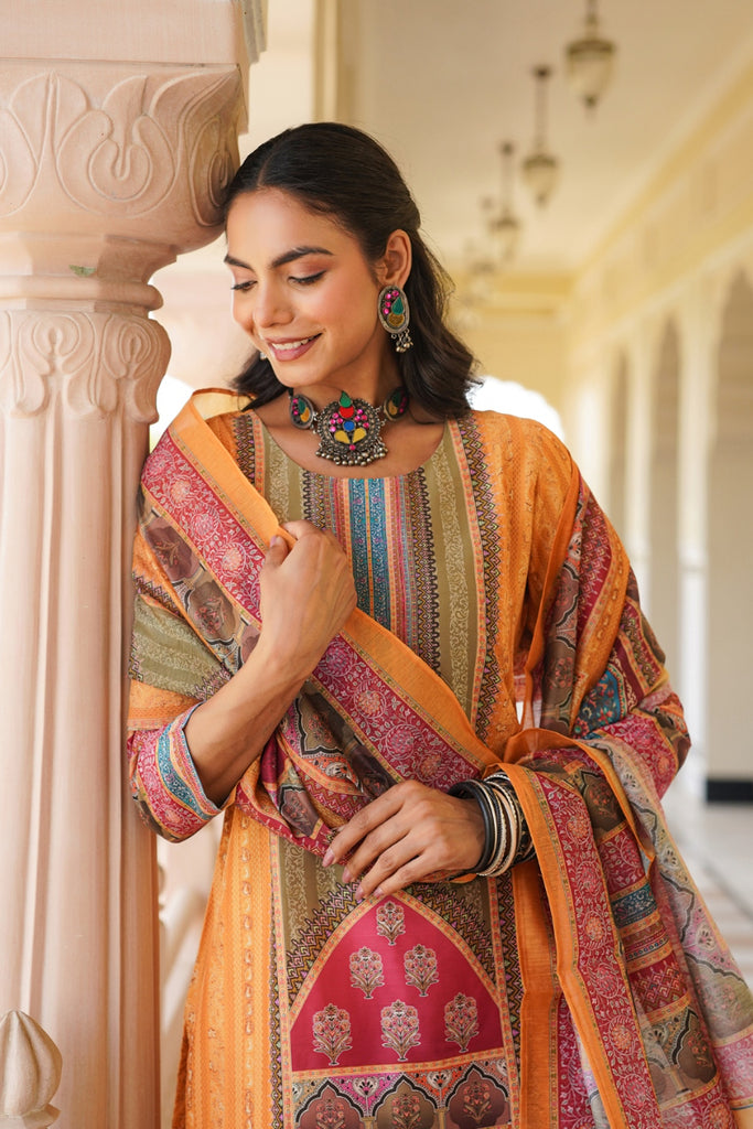 Yellow Rayon Blend Ethnic Motifs Printed Straight Kurta Trouser With Dupatta SKSKD3061