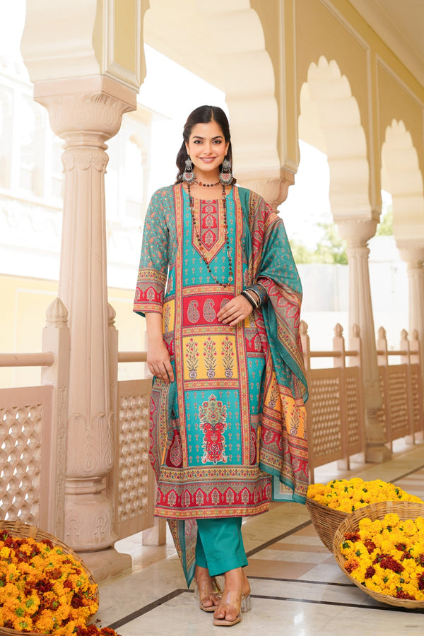 Blue Rayon Blend Ethnic Motifs Printed Straight Kurta Trouser With Dupatta SKSKD3062