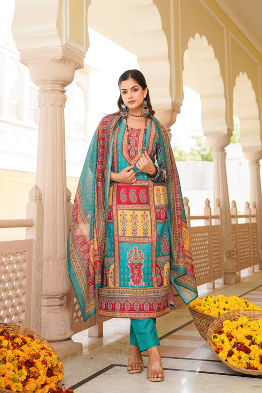 Blue Rayon Blend Ethnic Motifs Printed Straight Kurta Trouser With Dupatta SKSKD3062