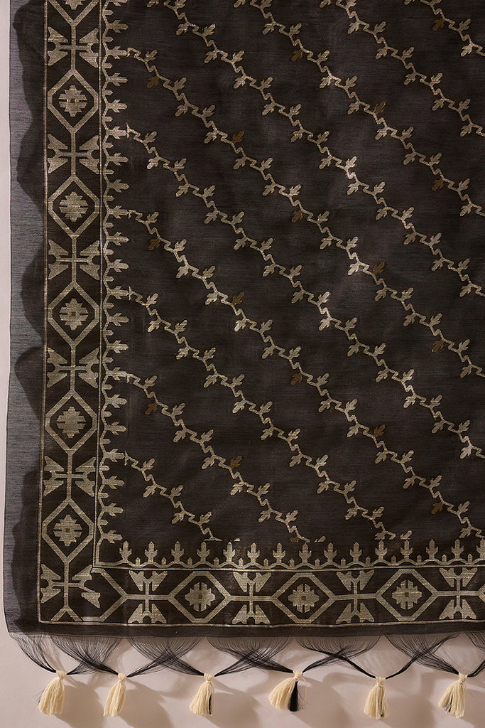 Off White Chanderi Woven Design Jacquard Straight Kurta Trouser with Dupatta SKSKD3067