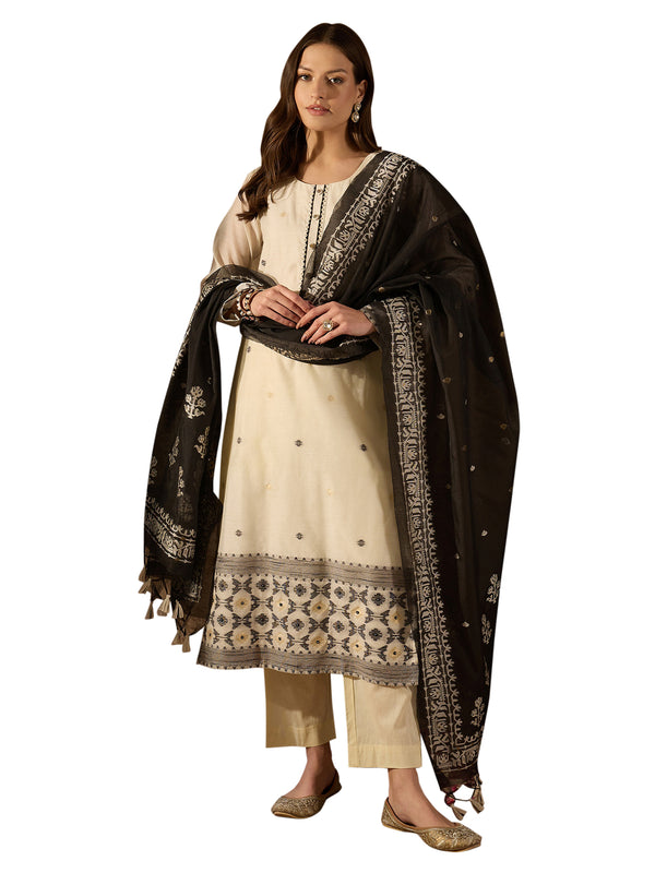 Off White Chanderi Woven Design Jacquard Straight Kurta Trouser with Dupatta SKSKD3068
