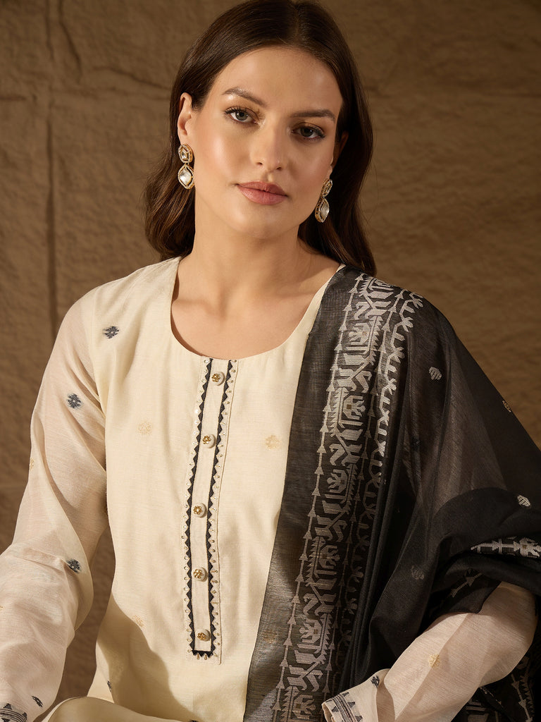 Off White Chanderi Woven Design Jacquard Straight Kurta Trouser with Dupatta SKSKD3068