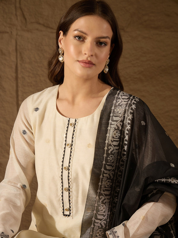 Off White Chanderi Woven Design Jacquard Straight Kurta Trouser with Dupatta SKSKD3068