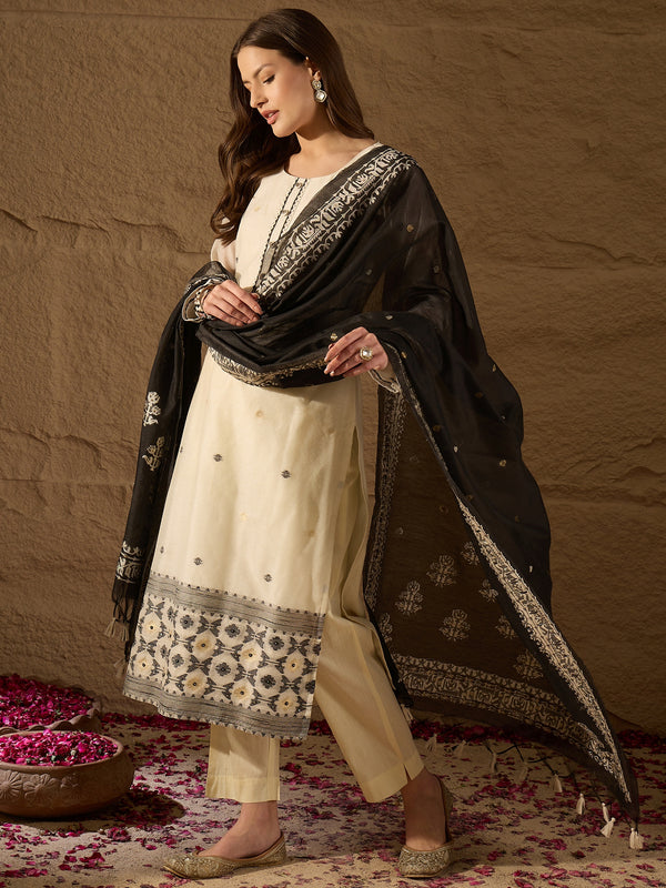 Off White Chanderi Woven Design Jacquard Straight Kurta Trouser with Dupatta SKSKD3068