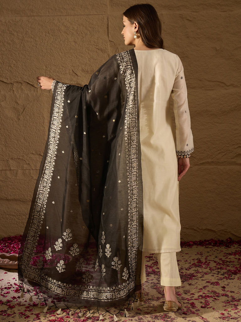 Off White Chanderi Woven Design Jacquard Straight Kurta Trouser with Dupatta SKSKD3068