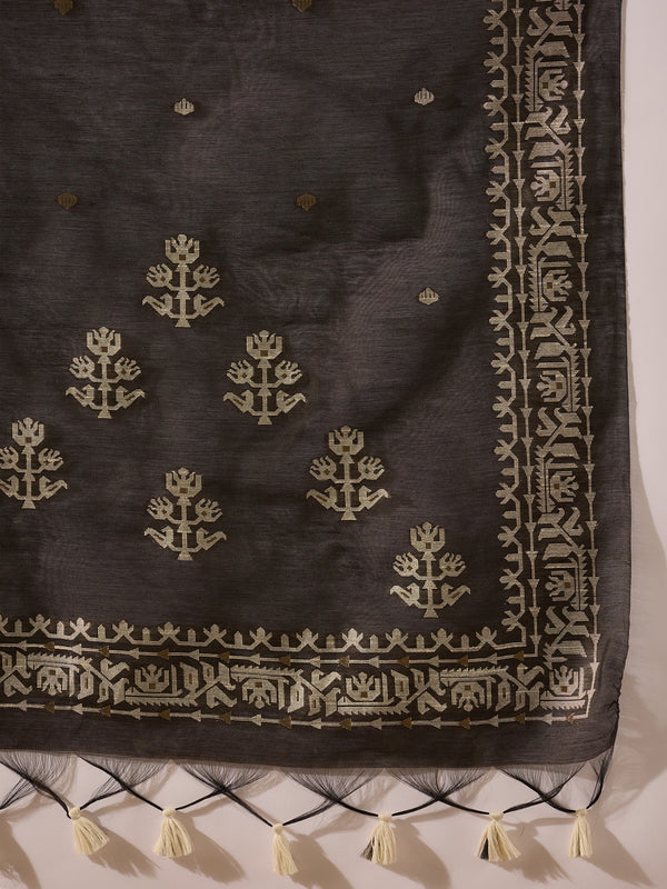 Off White Chanderi Woven Design Jacquard Straight Kurta Trouser with Dupatta SKSKD3068