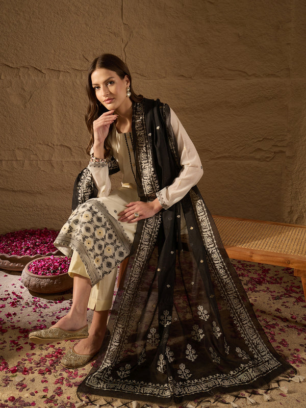 Off White Chanderi Woven Design Jacquard Straight Kurta Trouser with Dupatta SKSKD3068
