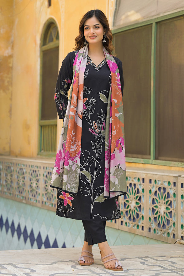 Black Rayon Blend Floral Printed Straight Kurta Trouser With Dupatta SKSKD3081