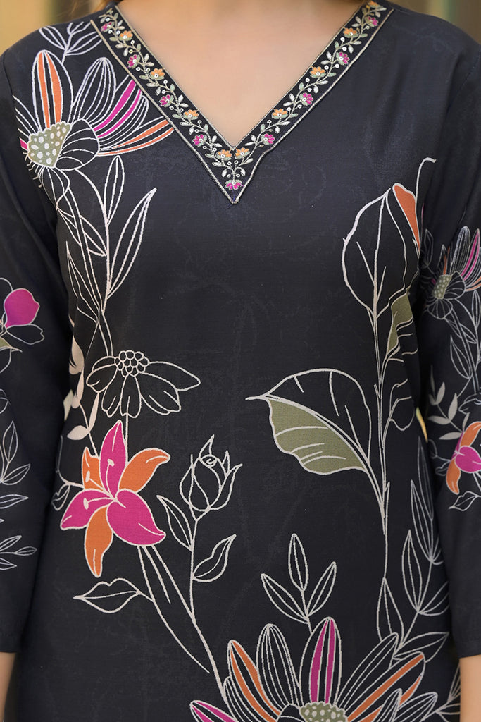 Black Rayon Blend Floral Printed Straight Kurta Trouser With Dupatta SKSKD3081