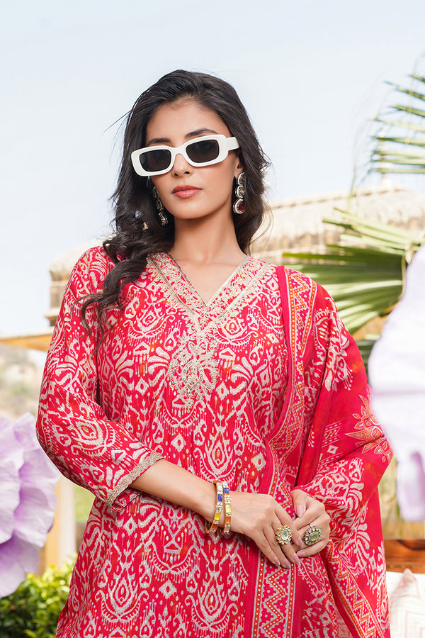 Red Silk Blend Ikat Printed Straight Kurta Trousers With Dupatta SKSKD3104