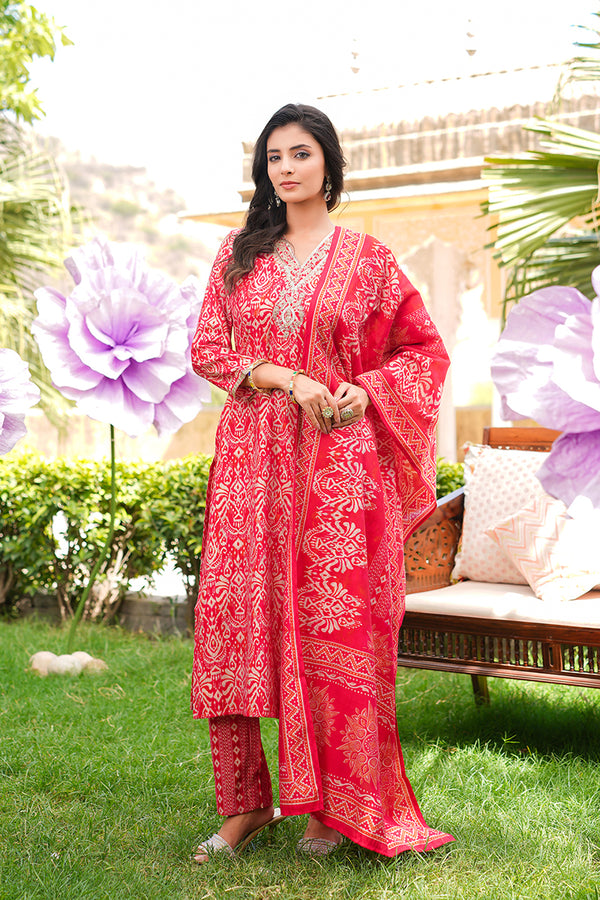 Red Silk Blend Ikat Printed Straight Kurta Trousers With Dupatta SKSKD3104