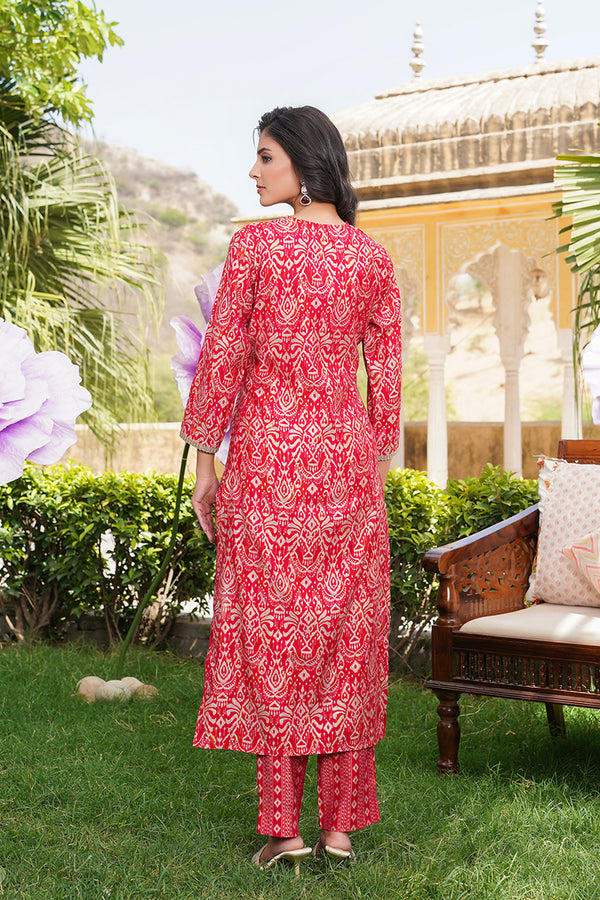 Red Silk Blend Ikat Printed Straight Kurta Trousers With Dupatta SKSKD3104