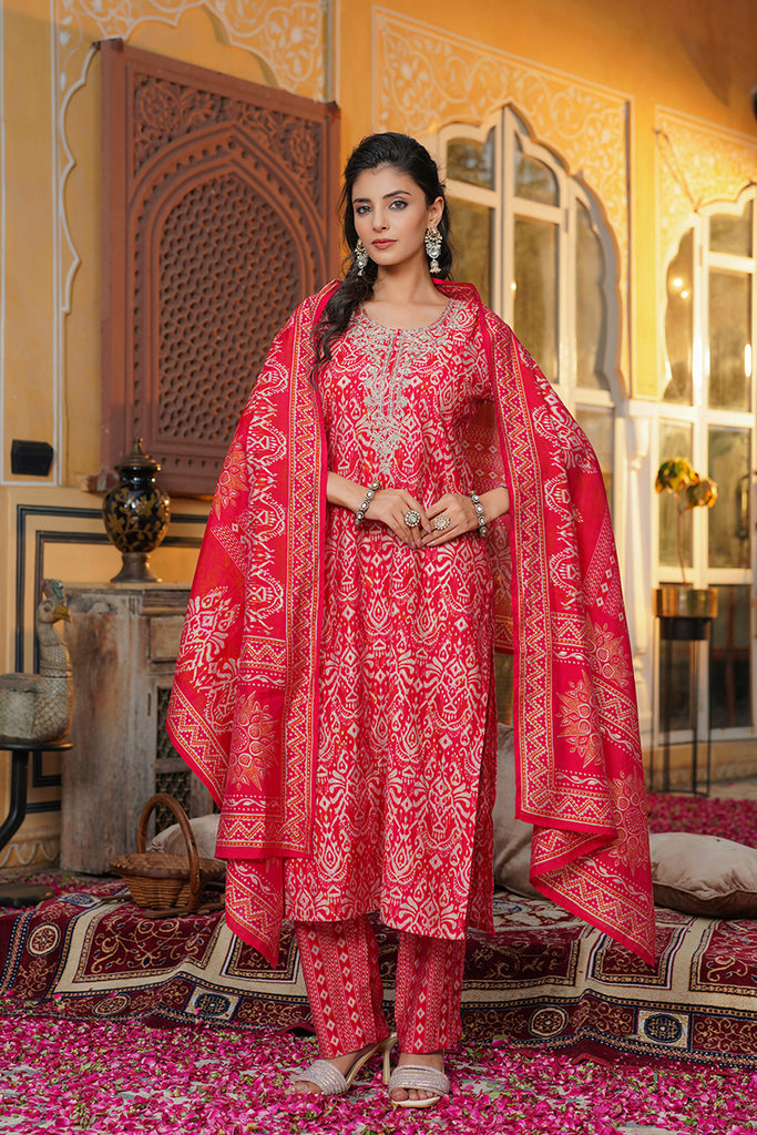 Red Silk Blend Ikat Embroidered Straight Kurta Trousers With Dupatta SKSKD3105