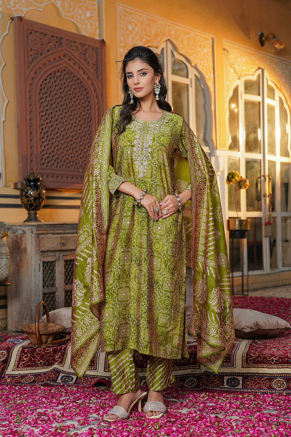 Green Silk Blend Floral Embroidered Straight Kurta Trousers With Dupatta SKSKD3120