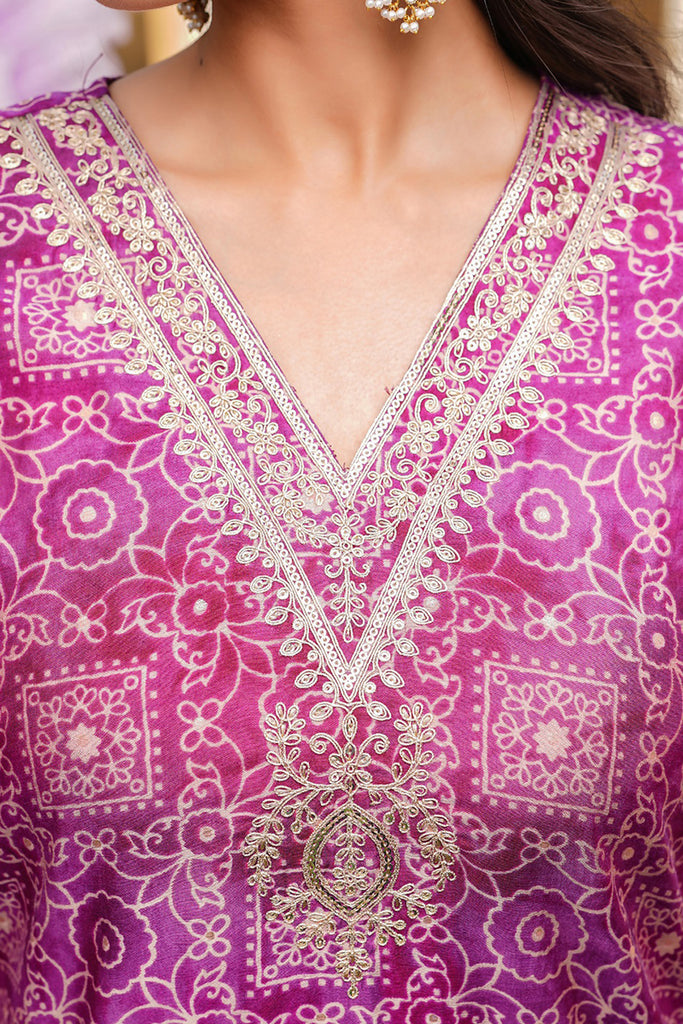Purple Silk Blend Floral Embroidered Straight Kurta Trousers With Dupatta SKSKD3121
