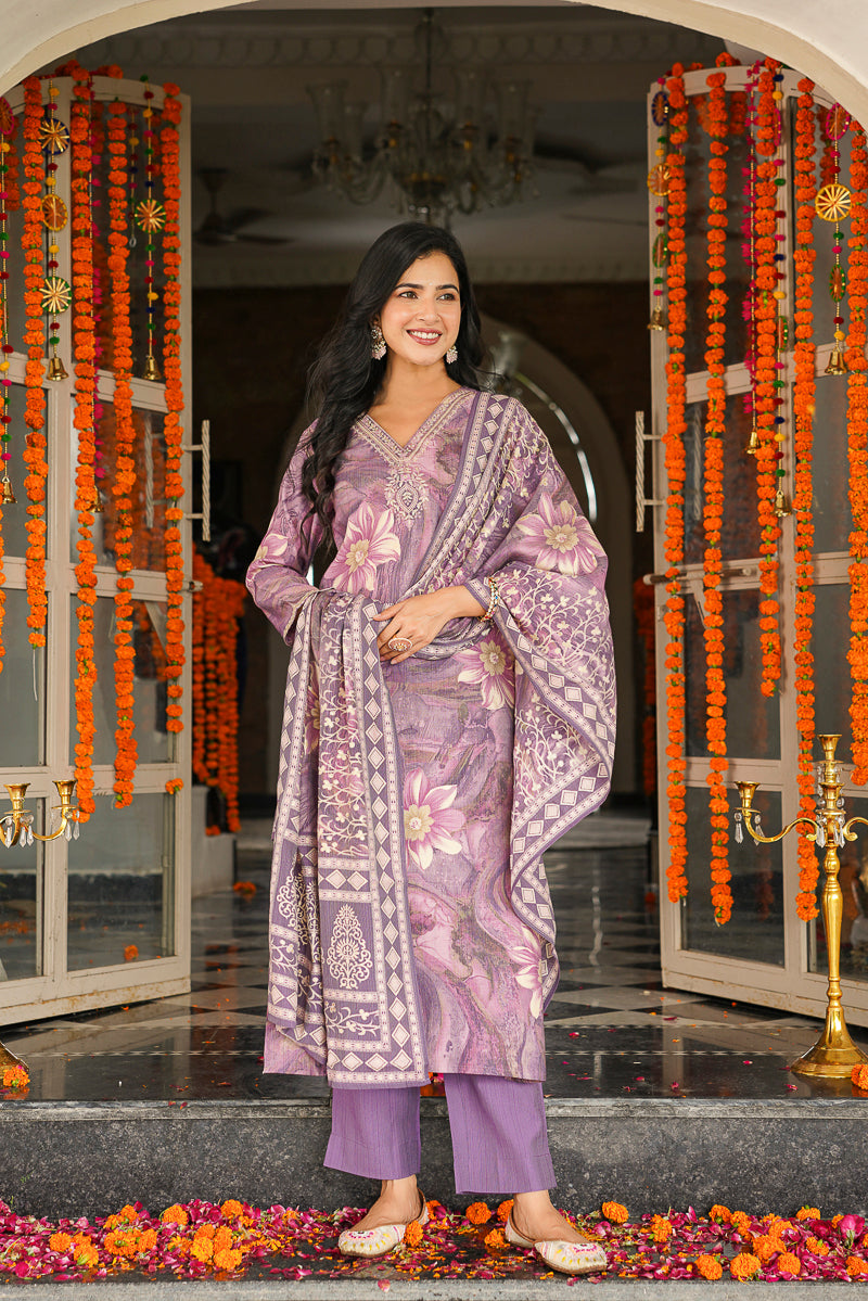 Lavender Viscose Rayon Floral Printed Straight Kurta Trousers With Dupatta SKSKD3124