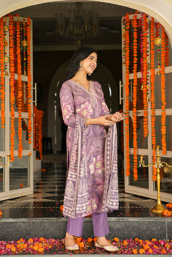 Lavender Viscose Rayon Floral Printed Straight Kurta Trousers With Dupatta SKSKD3124
