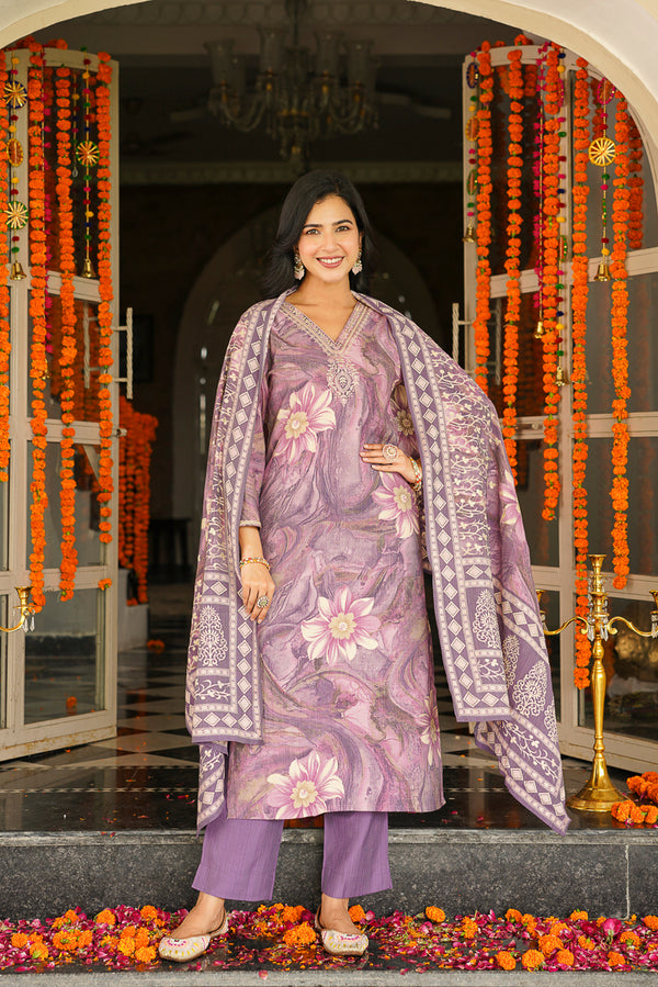 Lavender Viscose Rayon Floral Printed Straight Kurta Trousers With Dupatta SKSKD3124