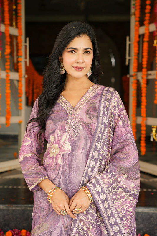 Lavender Viscose Rayon Floral Printed Straight Kurta Trousers With Dupatta SKSKD3124