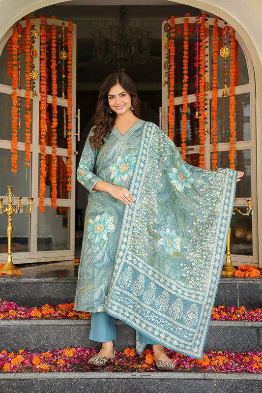 Blue Viscose Rayon Floral Printed Straight Kurta Trousers With Dupatta SKSKD3125