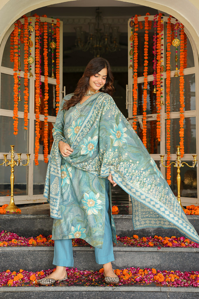 Blue Viscose Rayon Floral Printed Straight Kurta Trousers With Dupatta SKSKD3125